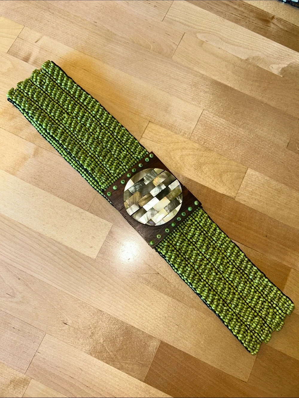 Beaded Green Statement Waist Belt with Mother-of-Pearl Accent